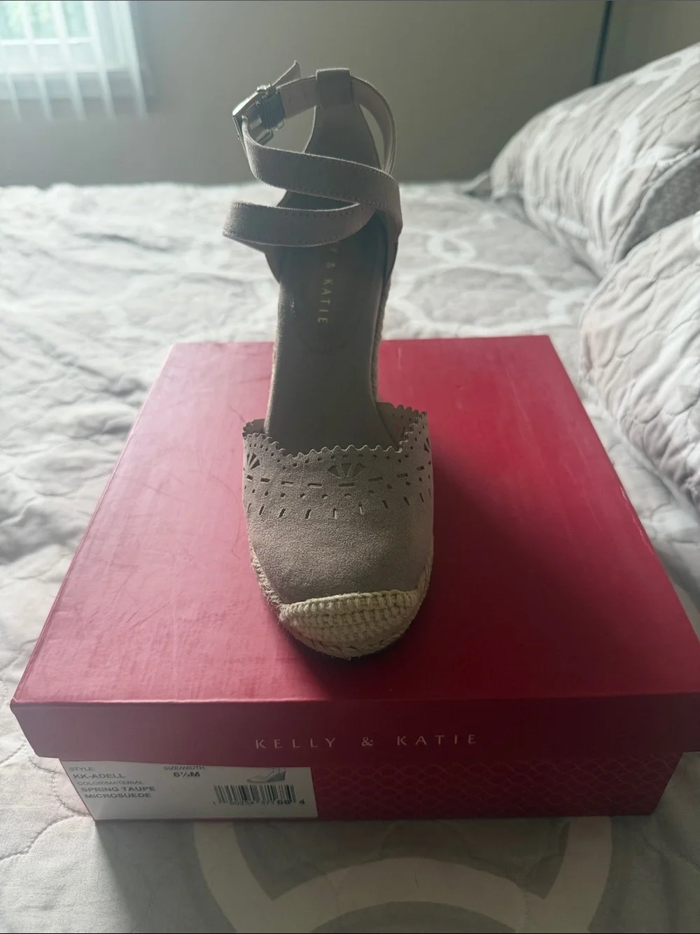 Kelly & Katie Taupe Suede Ankle-Strap Espadrille Wedge